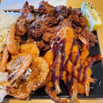 Grind Wit Tryz - Trio Plate:  Garlic Shrimp, Katsu Shrimp, and Krack Chicken - Filipino Near Me - Portland, Oregon