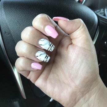 Modern Nails - Pink with marble design - Nail Salons Near Me - Bellflower, California