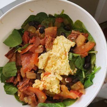 Fresh Healthy Cafe Buffalo - Tex Bowl breakfast with a kick...spinach, black beans, salsa,  turkey bacon and egg. - Juice Bars & Smoothies Near Me - Buffalo, New York