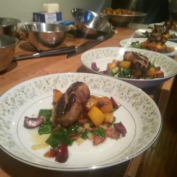 House Cured Culinary - Pan Seared Foie Gras over Warm Spinach Salad, Bing Cherries and Roasted Butternut Squash - Personal Chefs Near Me House Cured Culinary - Pan Seared Foie Gras over Warm Spinach Salad, Bing Cherries and Roasted Butternut Squash - Personal Chefs Near Me