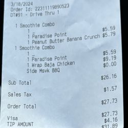 Tropical Smoothie Cafe - A 4 dollar tip I did not want to give