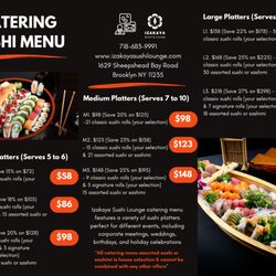 Izakaya Sushi & Lounge - Catering menu features a variety of sushi platters perfect for different events, including corporate meetings, weddings