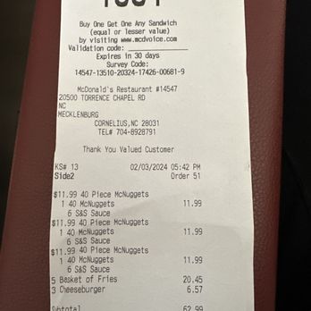 McDonald's - I bought 120 piece nuggets and they were all stale and disgusting.  What kind of service is this?? I want my full refund. - Fast Food Near Me - Cornelius, North Carolina