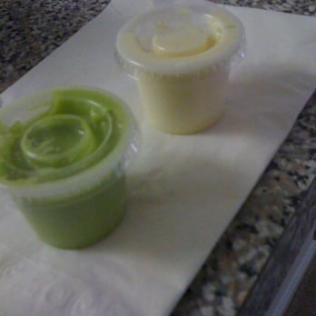 Chicken & Steak Las Brasas - spicy green sauce...and a Miracle Whip type sauce - Latin American Near Me - Arlington, Virginia