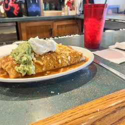 Coyote Joe's - Special burrito they are known for. Shredded beef for Jake. Superb! Size for three people!