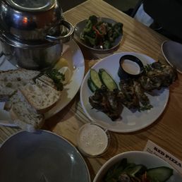 Pei Mussels, Smoked and Grilled Chicken Wings, Seasonal Vegetables, Grilled Shrimp
