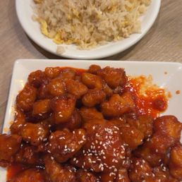 Orange chicken and chicken fried rice