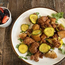 Chicken and Biscuits with a side of fruit Chicken and Biscuits with a side of fruit