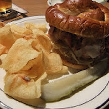 Byrnes Irish Pub - Juicy Burger topped with Pastrami and Swiss on Pretzel Roll - Irish Near Me - Brunswick, Maine