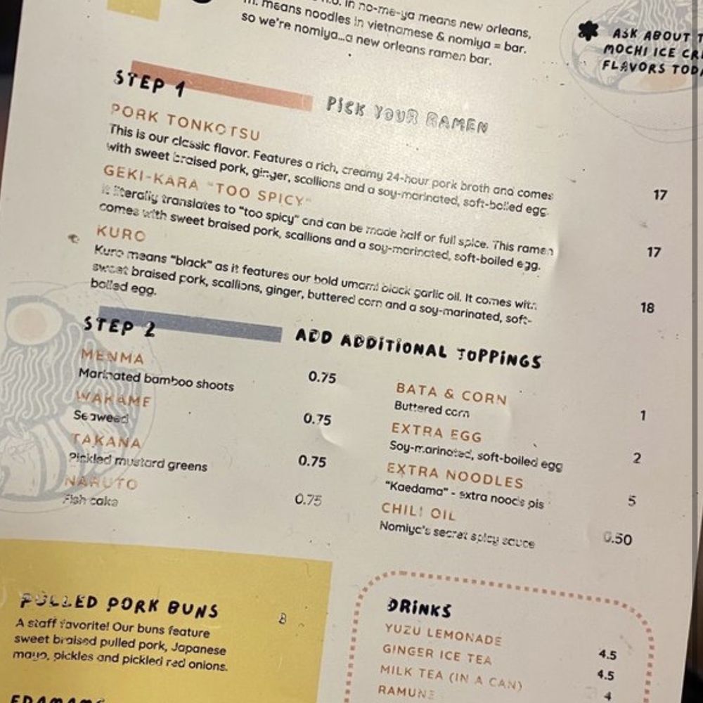 Nomiya - Current Menu. 10/2023 - Ramen Near Me - New Orleans, Louisiana