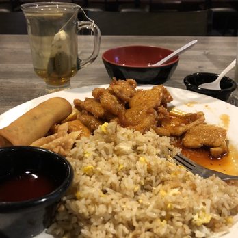 Simi's Cafe - Orange chicken with fried rice and hot green tea. - Asian Fusion Near Me - Gilbert, Arizona