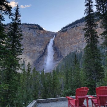 Yoho National Park - Takakkaw Falls, with 2 red chairs! Beautiful site, start of our hike. - Hiking Near Me - Field, British Columbia