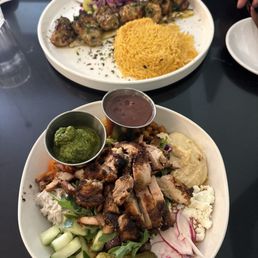 Build your own bowl (sauces are zhoug and pomegranate molasses vinaigrette -wow) and chicken kabob