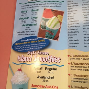 Bahama Buck's - a menu for a smoothie - Desserts Near Me - Amarillo, Texas Bahama Buck's - a menu for a smoothie - Desserts Near Me - Amarillo, Texas