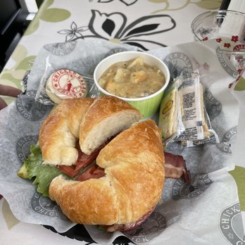 Chicken Salad Chick - Chicken Salad Sandwhich on a crescent, with bacon, lettuce, and tomato. A side of chicken and dumpling soup, with crackers and sugar cookie. - Sandwiches Near Me - Hampton, Virginia