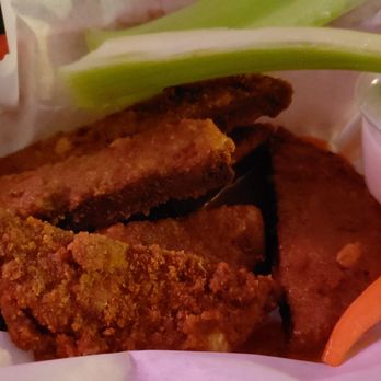 Tonys Darts Away - Vegan whings ($10). Pretty good. Breaded "sunflower" cutlets that taste like seitan. - Gastropubs Near Me - Burbank, California Tonys Darts Away - Vegan whings ($10). Pretty good. Breaded "sunflower" cutlets that taste like seitan. - Gastropubs Near Me - Burbank, California