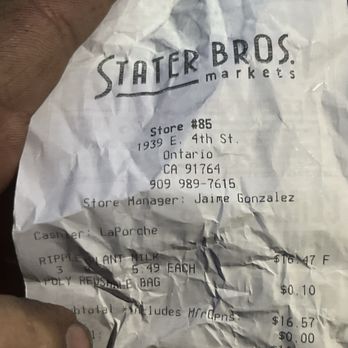 Stater Bros. Markets - Receipt with manager name and store # - Grocery Near Me - Ontario, California