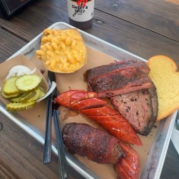 Hurtado Barbecue - Three meat combo with a Texas Twinkie - Barbeque Near Me - Arlington, Texas Hurtado Barbecue - Three meat combo with a Texas Twinkie - Barbeque Near Me - Arlington, Texas
