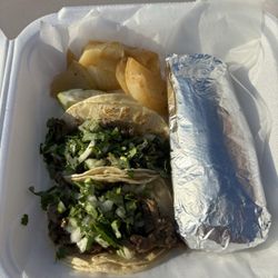 Los Pinos Taqueria - 3 steak tacos and pork tamale.