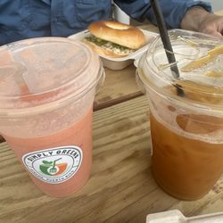 Simply Greens - Sunrise Smoothie, Iced Americano, chicken pesto bagel