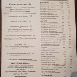 Terra Blanca Spokane - Tasting menu. Wine by the glass/bottle. October 2023
