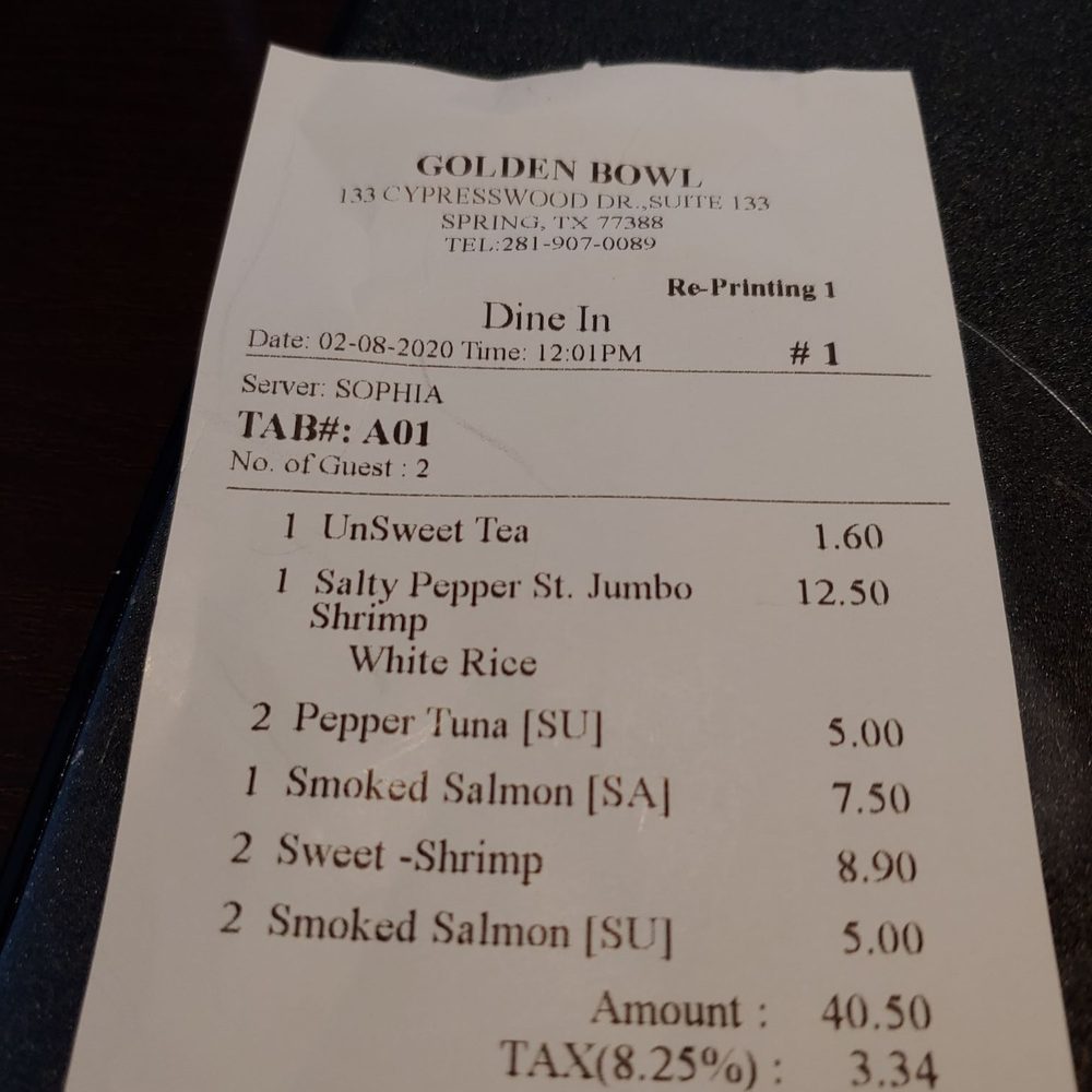 Golden Bowl - Receipt gave 6.16 tip totally $50.00 for 2 people - Chinese Near Me - Spring, Texas
