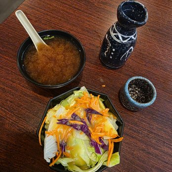 Matsuyama - Salad, miso soup and sake. - Japanese Near Me - Novato, California Matsuyama - Salad, miso soup and sake. - Japanese Near Me - Novato, California