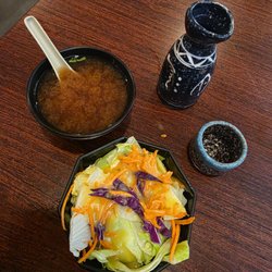 Matsuyama - Salad, miso soup and sake.
