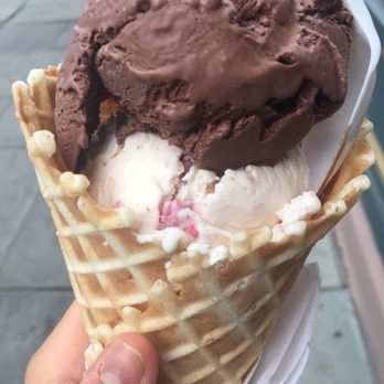 Arethusa Farm - One scoop (chocolate and strawberry) on a waffle cone - Ice Cream & Frozen Yogurt Near Me - New Haven, Connecticut Arethusa Farm - One scoop (chocolate and strawberry) on a waffle cone - Ice Cream & Frozen Yogurt Near Me - New Haven, Connecticut