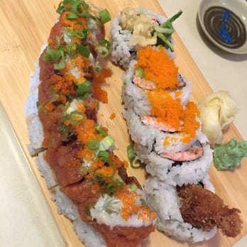 Manpuku - Right =Spider rolls ($7.50). Left = Red Drago roll ($8.50) - spicy tuna, masago, onion and pickled jalapeno over Shrimp Tempura & crab roll - Japanese Near Me - Berkeley, California Manpuku - Right =Spider rolls ($7.50). Left = Red Drago roll ($8.50) - spicy tuna, masago, onion and pickled jalapeno over Shrimp Tempura & crab roll - Japanese Near Me - Berkeley, California