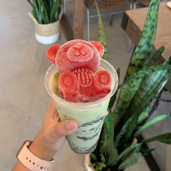 Leafy - Matcha Red Bean Milk Tea with Strawberry Bear and Brown Sugar Crystal Boba - Asian Fusion Near Me - Pembroke Pines, Florida Leafy - Matcha Red Bean Milk Tea with Strawberry Bear and Brown Sugar Crystal Boba - Asian Fusion Near Me - Pembroke Pines, Florida