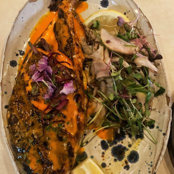 Krasi - TSIPOURA:  grilled sea bream, saffron ladolemono, kritamo - Mediterranean Near Me - Boston, Massachusetts