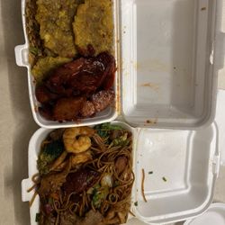 Sol Oriental - Boneless Pork ribs + fried rice and tostones  Combo lo mein Orange chicken not in frame