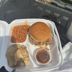 Hawg's Ass Sammiches - Pulled pork sandwich, fried potatoes, baked beans, sweet tea, and a side of barbecue sauce. Check it out if you're ever in the area.