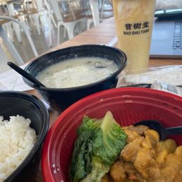 Pork liver congee, chicken curry rice, mango sago Pork liver congee, chicken curry rice, mango sago