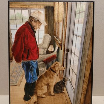 Jake Burns Art - A special man, his golden retriever and his cat waiting by the door - Commissioned Artists Near Me Jake Burns Art - A special man, his golden retriever and his cat waiting by the door - Commissioned Artists Near Me