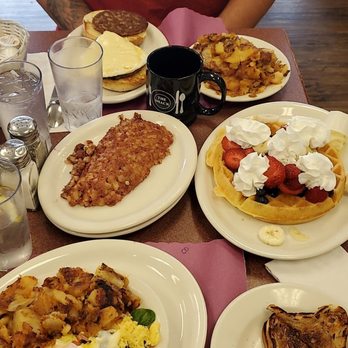 The Shack - Popeye scrambled eggs, home fries & cinnamon raisin toast. Waffle special NOT stuffed like it said. Corn beef hash. Egg sandwich. - American Near Me - Groton, Connecticut