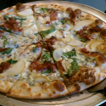Hoboken Pie - The Torres: White pie, Roasted Garlic, Bacon, Spinach, Anjou Pear, Sundried Tomato, Gorgonzola - Pizza Near Me - Austin, Texas Hoboken Pie - The Torres: White pie, Roasted Garlic, Bacon, Spinach, Anjou Pear, Sundried Tomato, Gorgonzola - Pizza Near Me - Austin, Texas