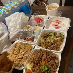 Thai & Chinese Food - Left to right: combination fried rice, garlic chicken with noodles, chicken satay, pad se ew with chicken, and wonton soup.