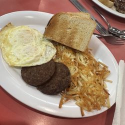 Huddle House - Eggs over medium, sausage hash browns and toast