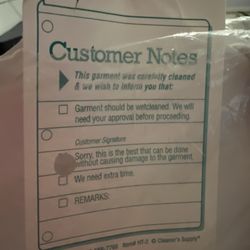 Quality Plus Cleaners - The note they put on the hanger.
