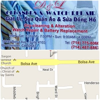 D & L Dry Cleaning & Alteration - Business card and a map of the cross streets: Bolsa and Ward. - Sewing & Alterations Near Me - Westminster, California