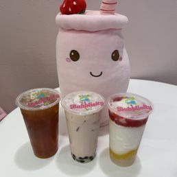 Boba milk tea, peach tea and Coconut Lychee