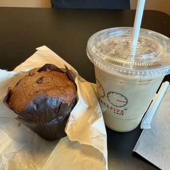 Take Five Cafe - Banana chocolate muffin + caramel macchiato iced coffee - Cafes Near Me - Burnaby, British Columbia