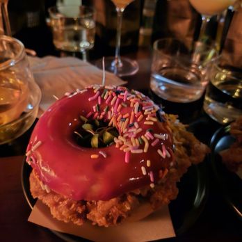 Double Chicken Please - Mochi Donut chicken sandwich - sticky glaze, flip the top around and eat it like that. - Cocktail Bars Near Me - New York, New York Double Chicken Please - Mochi Donut chicken sandwich - sticky glaze, flip the top around and eat it like that. - Cocktail Bars Near Me - New York, New York