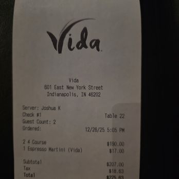 Vida - 2025-12-26 Receipt - New American Near Me - Indianapolis, Indiana