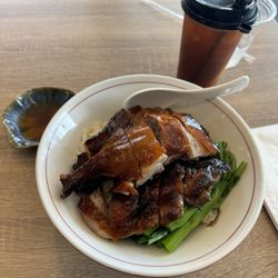 Frank BBQ & Noodles - BBQ pork, roasted duck over rice and an iced lemon tea