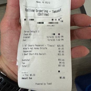 Russo's New York Pizzeria - My order and price paid. Pizza and ravioli for $57.83, not including a small tip (I ordered online and took it to go). - Salad Near Me - Mesa, Arizona Russo's New York Pizzeria - My order and price paid. Pizza and ravioli for $57.83, not including a small tip (I ordered online and took it to go). - Salad Near Me - Mesa, Arizona