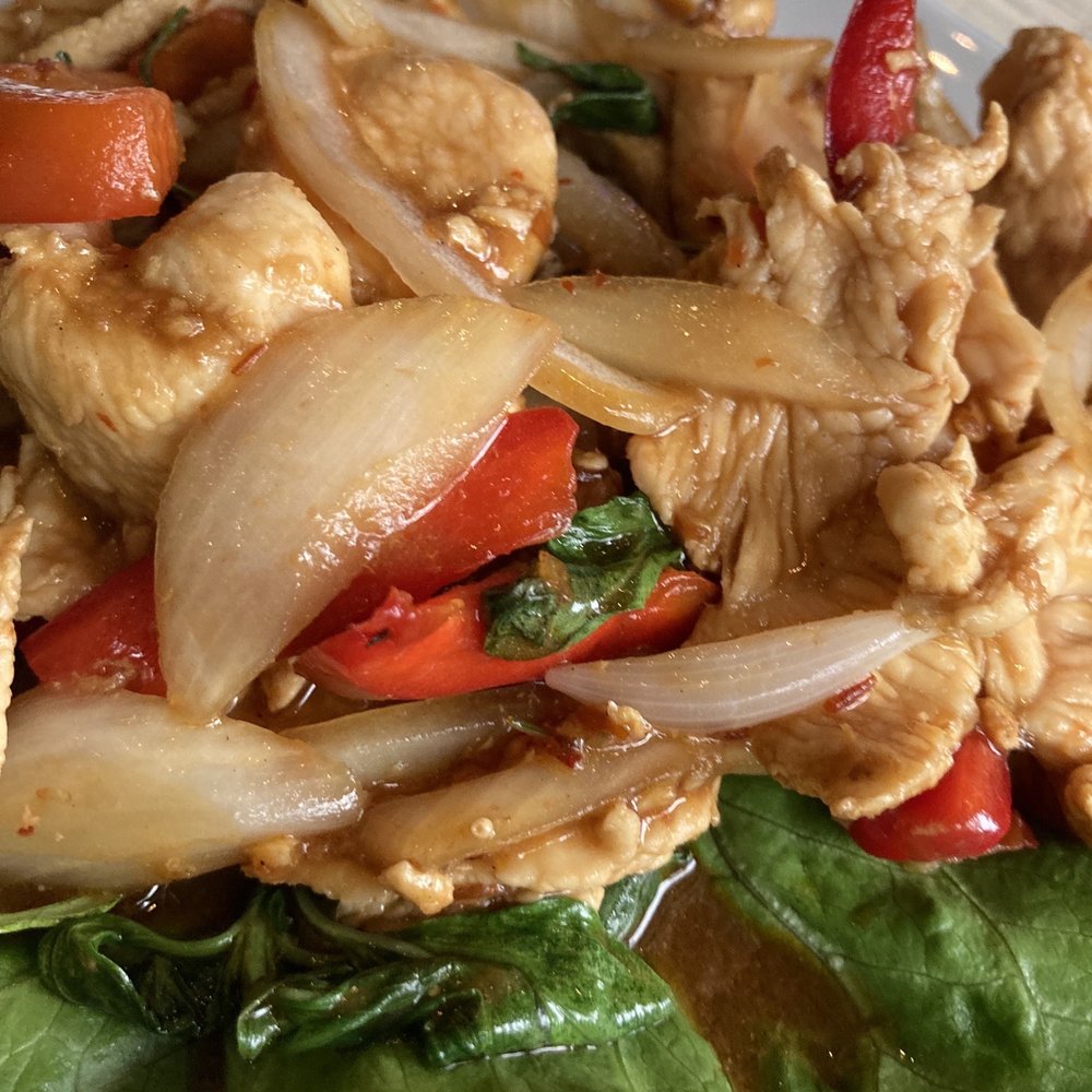 Thaiphoon - Chicken with Thai Basil Sliced chicken breast sautéed with chili, garlic, sweet onion, and Thai basil. (med - Thai Near Me - Palo Alto, California Thaiphoon - Chicken with Thai Basil Sliced chicken breast sautéed with chili, garlic, sweet onion, and Thai basil. (med - Thai Near Me - Palo Alto, California