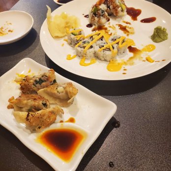 School Sushi - Pan fried gyoza and spicy salmon roll and shrimp tempura roll - Japanese Near Me - Lexington, Kentucky